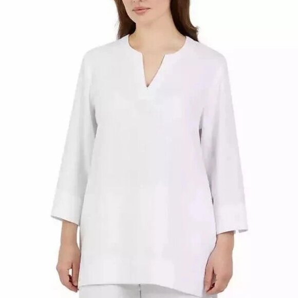 Lands' End Tops - Lands' End Split Neck 3/4 Sleeve Linen Blend Tunic Size XL White NWT